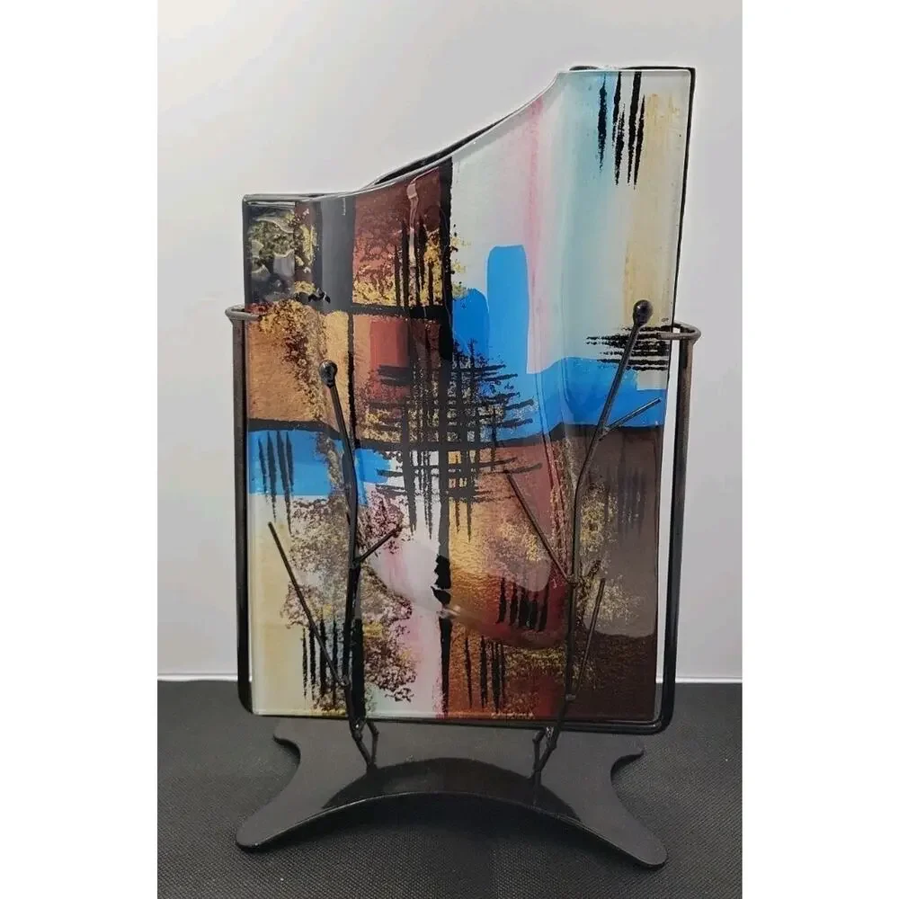 Abstract Art Glass Vase w/ Metal Stand Mid Century Modern Multicolor Decorative